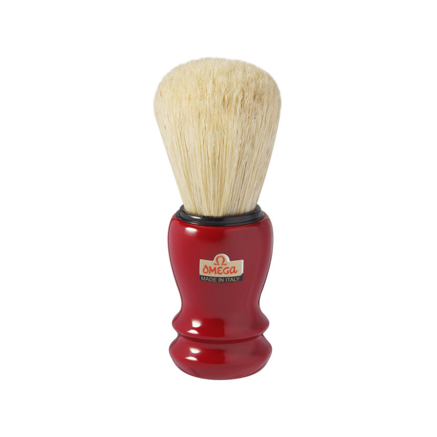 Omega Pure bristle shaving brush 10108 with red plastic handle 