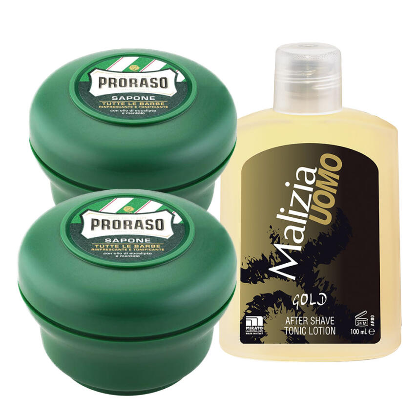 PRORASO Rasierseife Tiegel 2x 150 ml + Malizia Gold After Shave 100ml