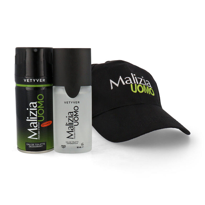 Malizia Uomo Vetyver Set Eau de Toilette 50 ml, Deodorant 150 ml &amp; Cap