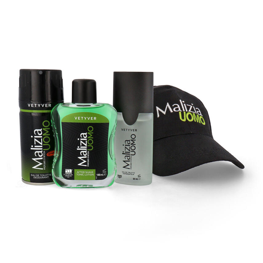 Malizia Uomo Vetyver Set Eau de Toilette 50 ml, After Shave 100 ml, Deodorant 150 ml &amp; Cap