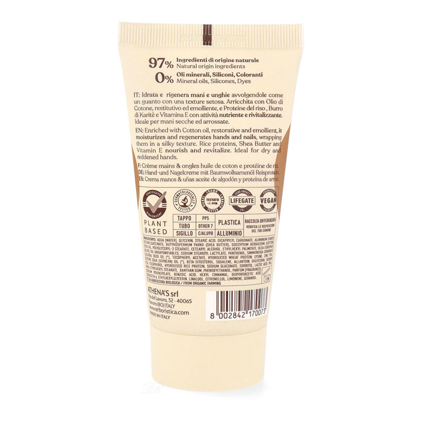 LErboristica di Athenas Hand- &amp; Nagelcreme mit Baumwoll&ouml;l &amp; Reisproteinen 75 ml