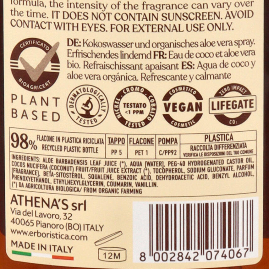 LErboristica di Athenas Acqua di Cocco &amp; Aloe Vera Biologica K&ouml;rperwasser 200 ml