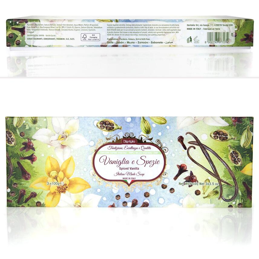 Iteritalia Box Geschenkset in Pliss&egrave; Papier Vaniglia e Spezie Seife 3 x 100 g