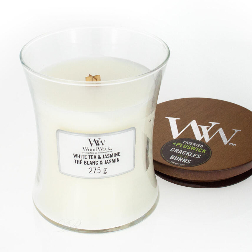 WoodWick White Tea &amp; Jasmine Mittleres Glas Duftkerze 275 g