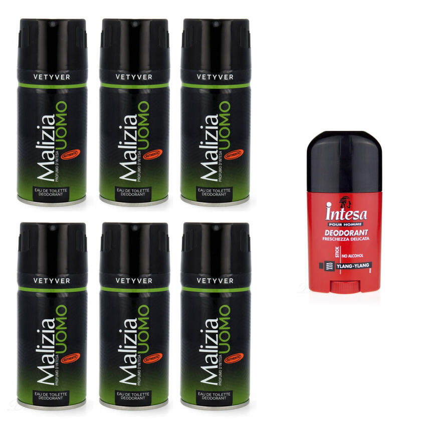 Malizia UOMO Vetyver Deodorant 6 x 150 ml &amp; intesa Deostick Ylang-Ylang 50 ml