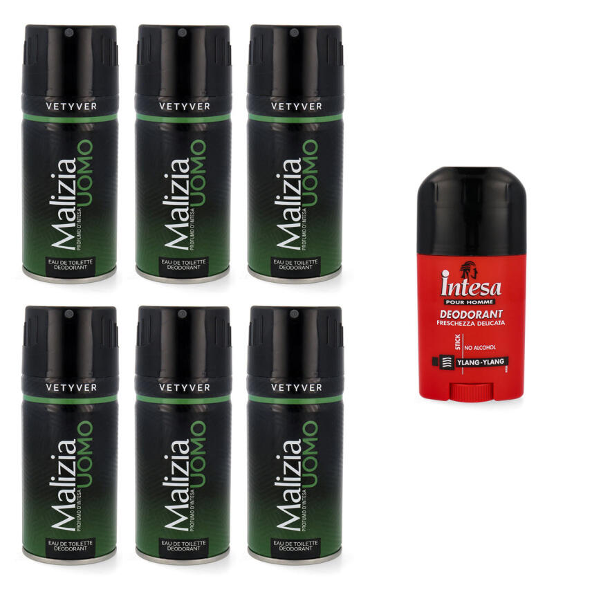 Malizia UOMO Vetyver Deodorant 6 x 150 ml &amp; intesa Deostick Ylang-Ylang 50 ml
