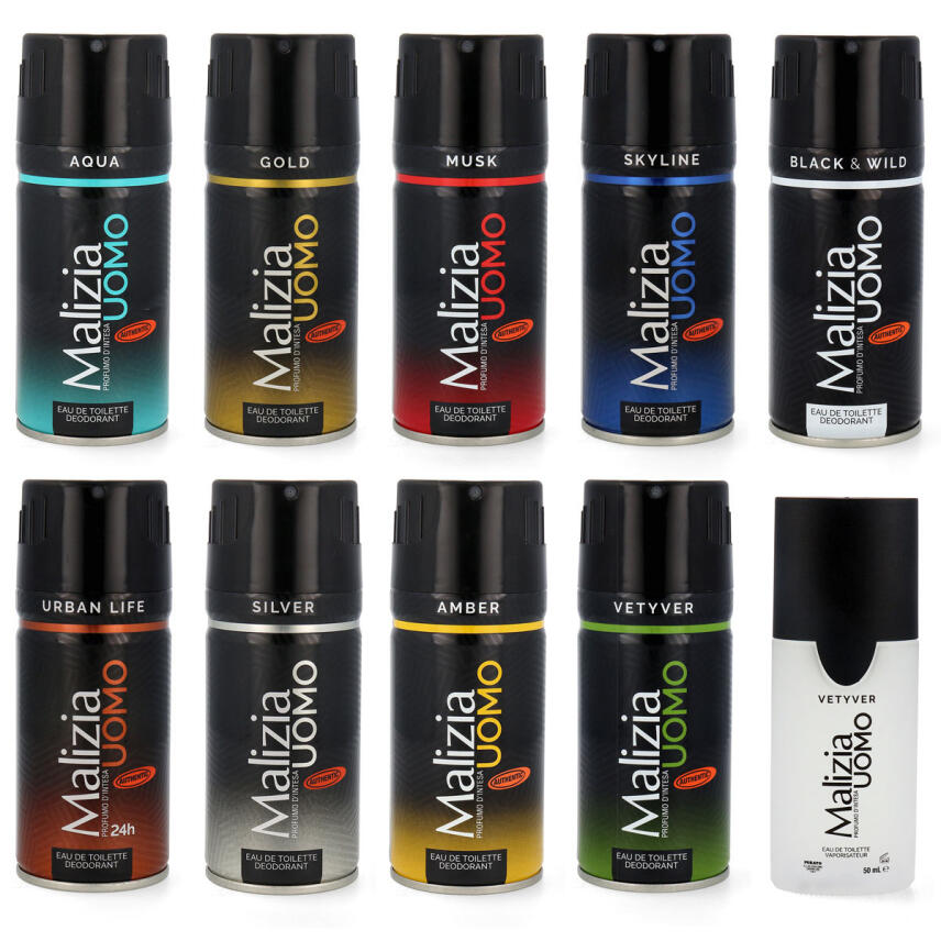 Malizia Uomo Set mit 9 x Deodorant 150 ml &amp; Eau de Toilette Vetyver 50 ml