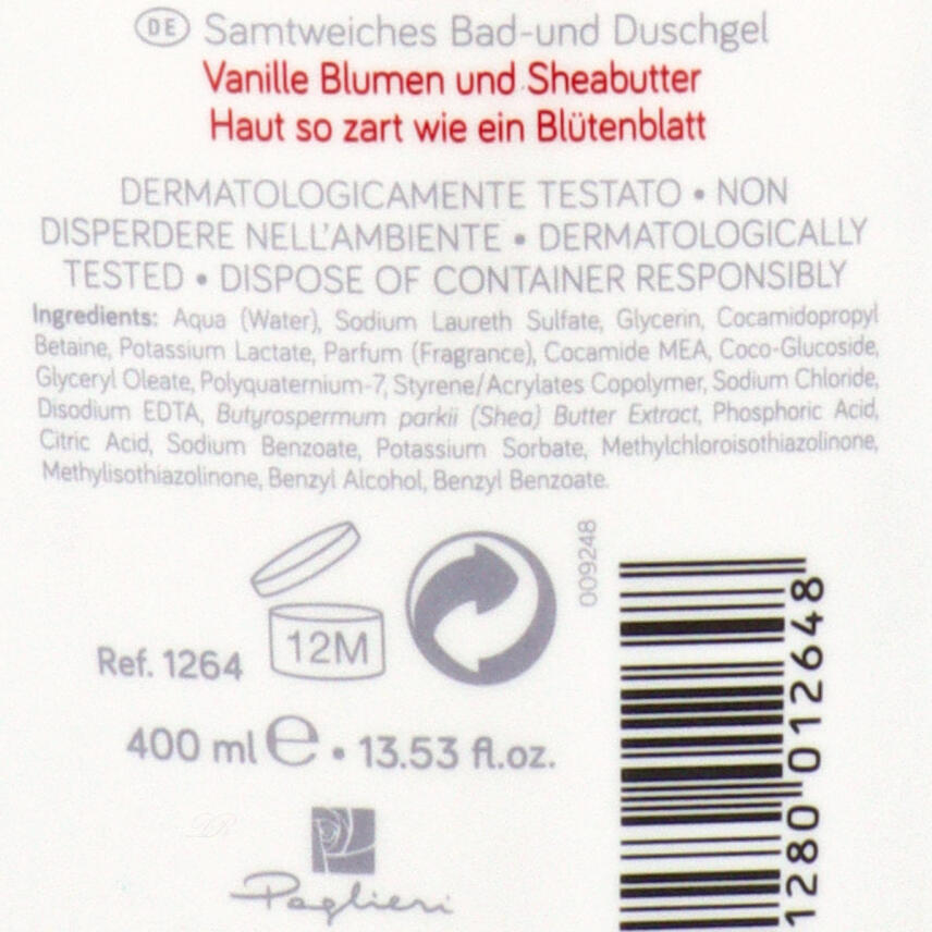 Paglieri Cl&eacute;o Dusch &amp; Badegel Vanillebl&uuml;ten und Karit&eacute;butter 400 ml