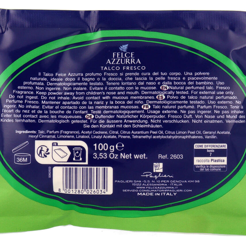 PAGLIERI Felce Azzurra FRESCO K&ouml;rperpuder Talkum 48x 100g Nachf&uuml;llbeutel