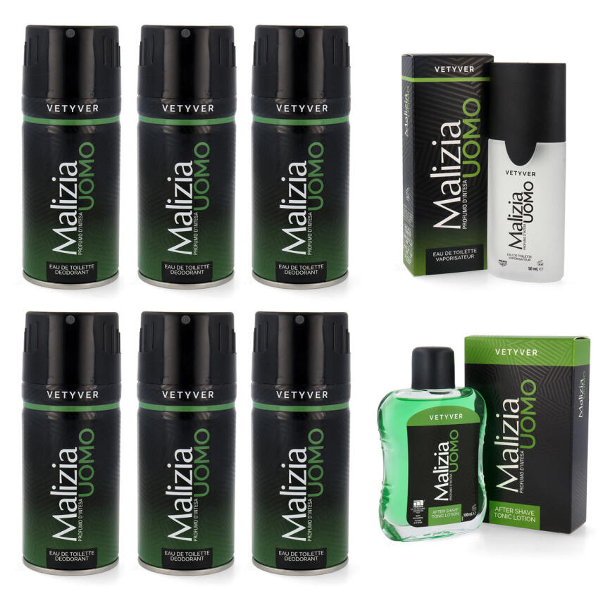Malizia Uomo Vetyver Set mit 6 x Deodorant 150 ml, 1 x EdT Parfum 50 ml &amp; 1 x After Shave 100 ml