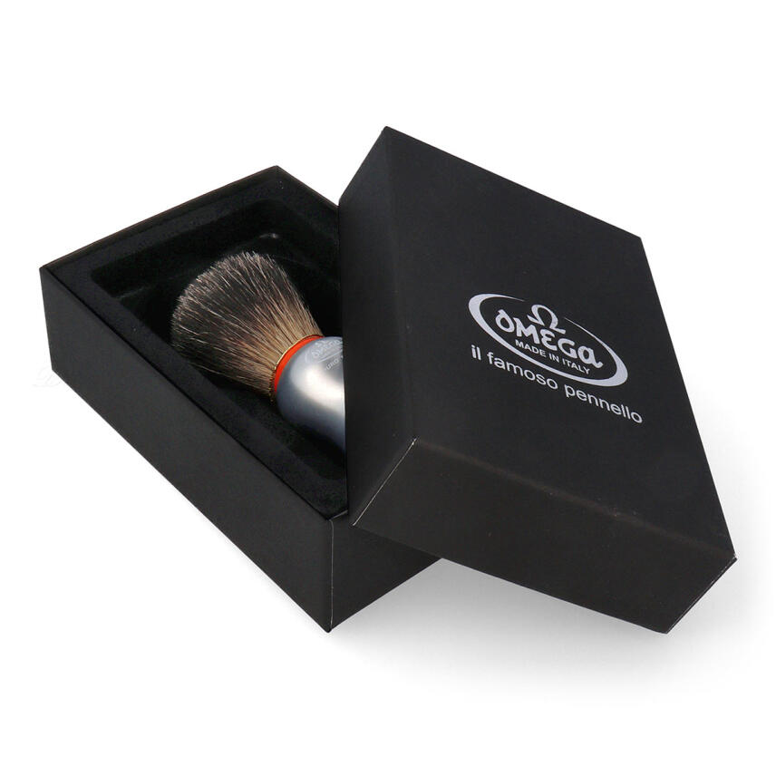 Omega Rasierpinsel Dachs Stockzupf 6573 Pure Badger mit silber Griff