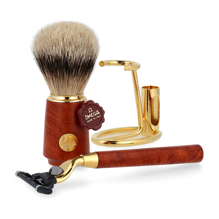 Omega M6144.6 Set Rasierpinsel Dachshaar Silberspitz  + Rasierer Wurzelholz