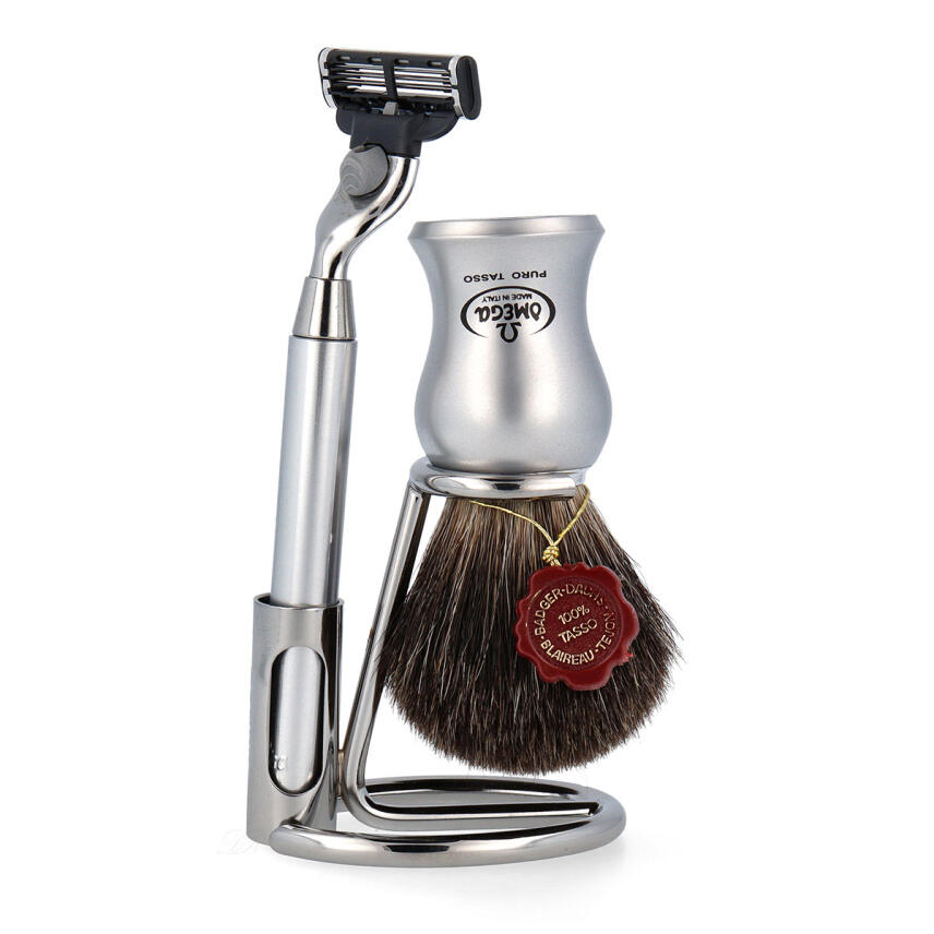Omega Set M6229.6 Rasierpinsel Dachs Stockzupf Pure Badger Silber Griff + Rasierer