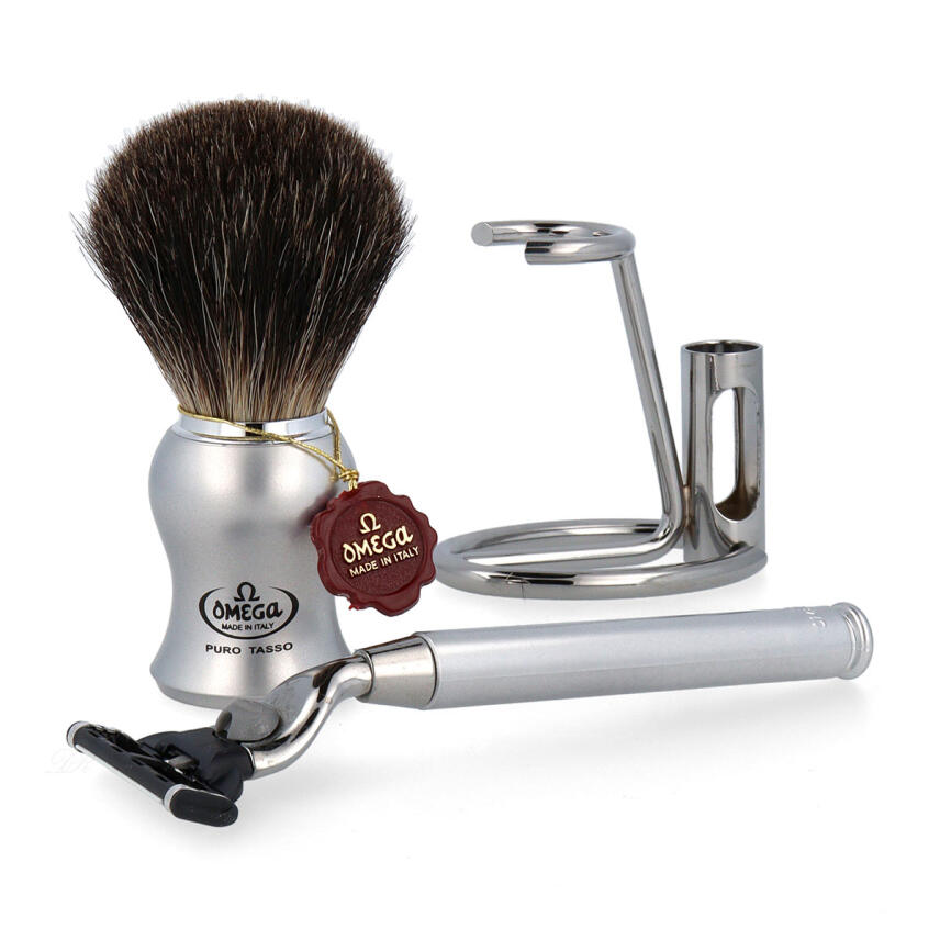 Omega Set M6229.6 Rasierpinsel Dachs Stockzupf Pure Badger Silber Griff + Rasierer