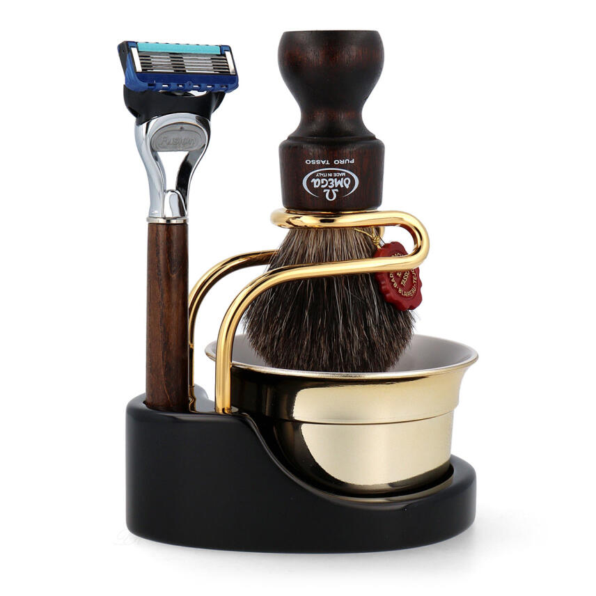 Omega Set Rasierpinsel 6126 Hi Brush brauner Holzgriff + Rasierer + St&auml;nder