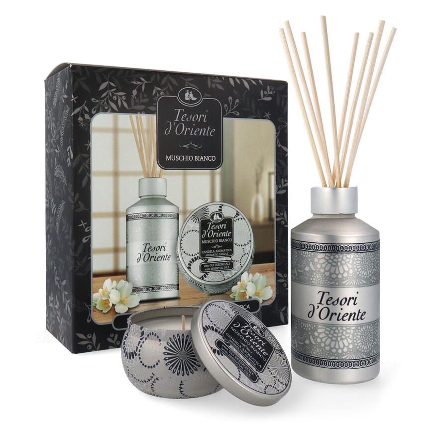 Tesori dOriente Geschenkset Muschio Bianco Raumdiffusor 200 ml &amp; Duftkerze 109 g