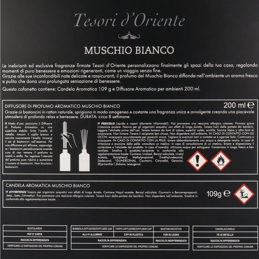 Tesori dOriente Geschenkset Muschio Bianco Raumdiffusor 200 ml &amp; Duftkerze 109 g