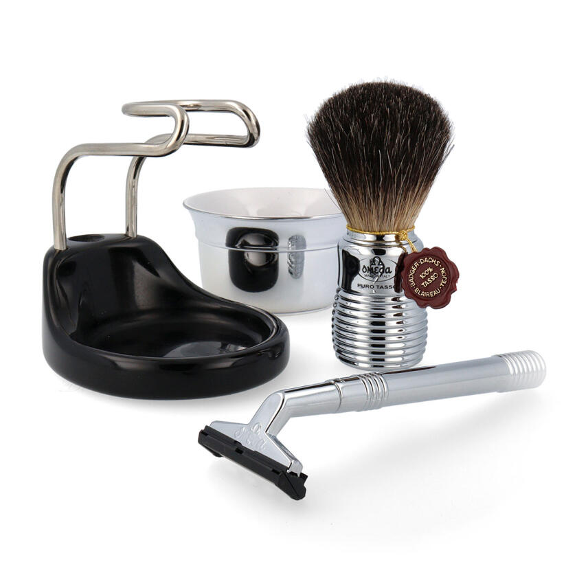 Omega Rasierpinsel Dachs Stockzupf 6113 Pure Badger Halter und Tiegel