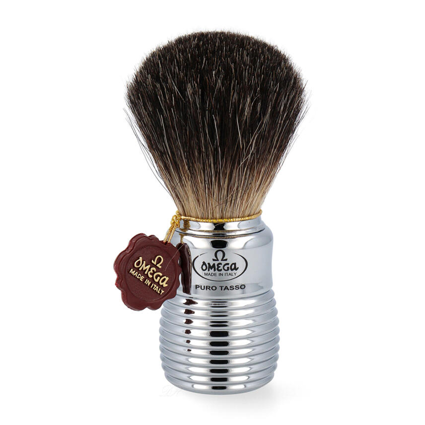 Omega Rasierpinsel Dachs Stockzupf 6113 Pure Badger Halter und Tiegel
