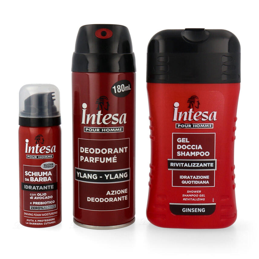 Intesa pour Homme Geschenkset mit Deo, Duschgel, Rasierschaum &amp; Kulturtasche