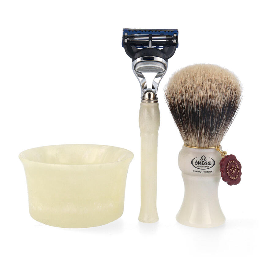 Omega Set M6282.3 Rasierpinsel Dachs Stockzupf Pure Badger + Rasierer + Rasierschale
