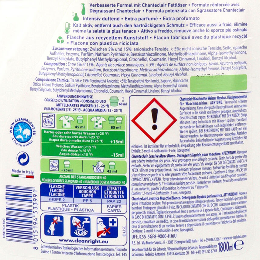 Chante Clair Fl&uuml;ssigwaschmittel Muschio Bianco weisser Moschus 1,8 Liter 40 Waschg&auml;nge