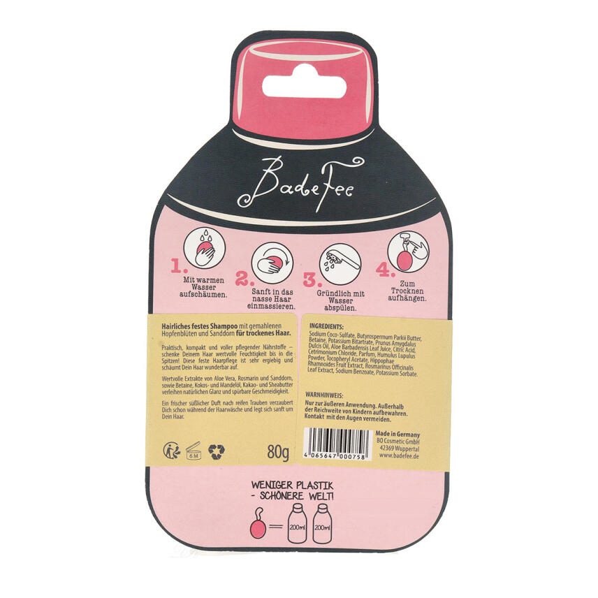 BadeFee Festes Shampoo Vegan f&uuml;r Trockenes Haar Hopfenbl&uuml;ten 80 g