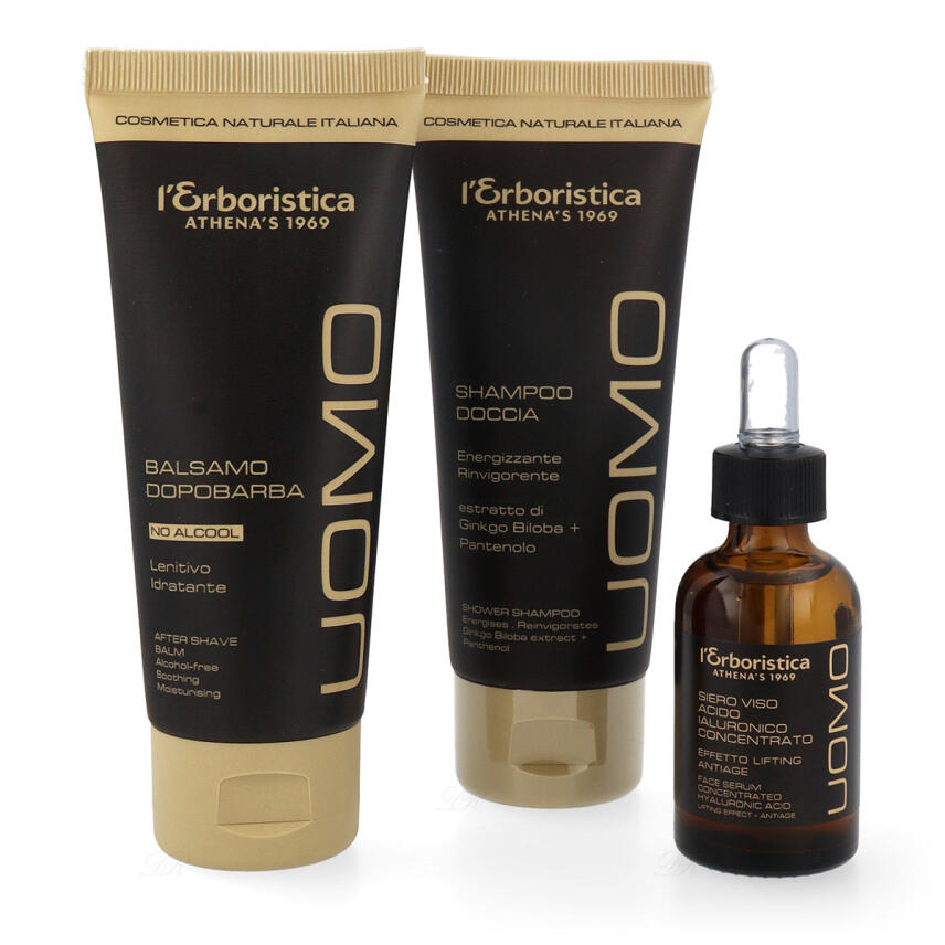 LErboristica di Athenas Uomo Geschenkset mit Anti Falten Hyaluron Serum, After Shave Balsam &amp; Duschgel