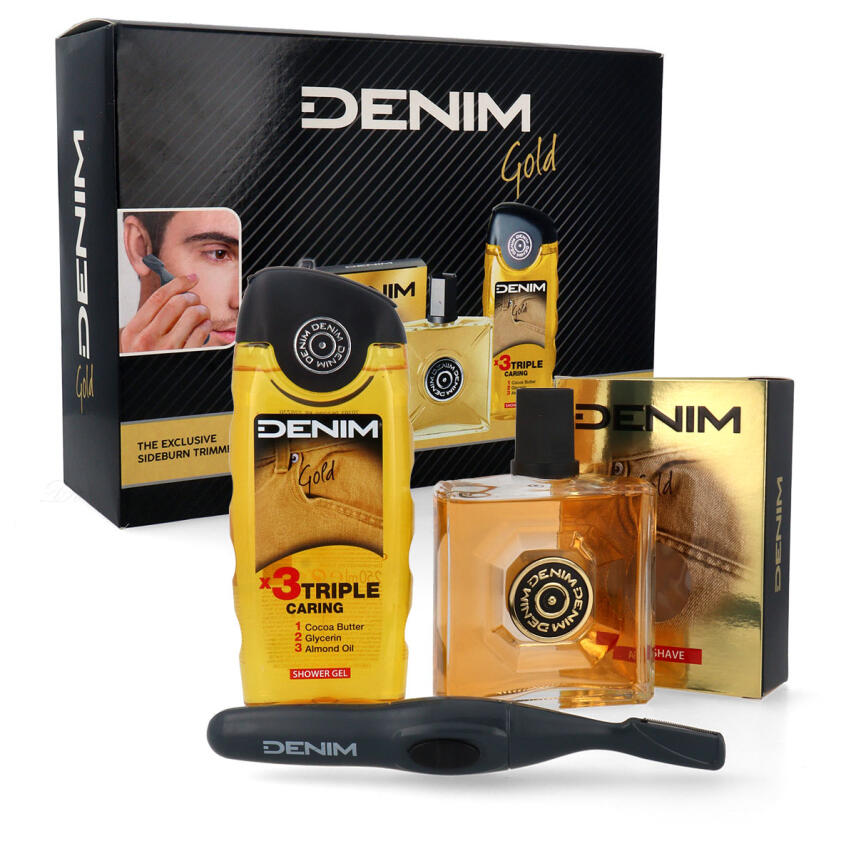 DENIM Gold Geschenk Set After Shave, Duschgel &amp; Trimmer