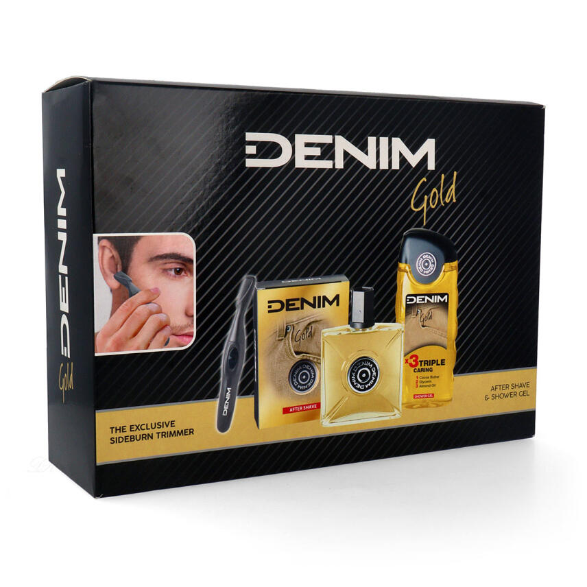 DENIM Gold Geschenk Set After Shave, Duschgel &amp; Trimmer