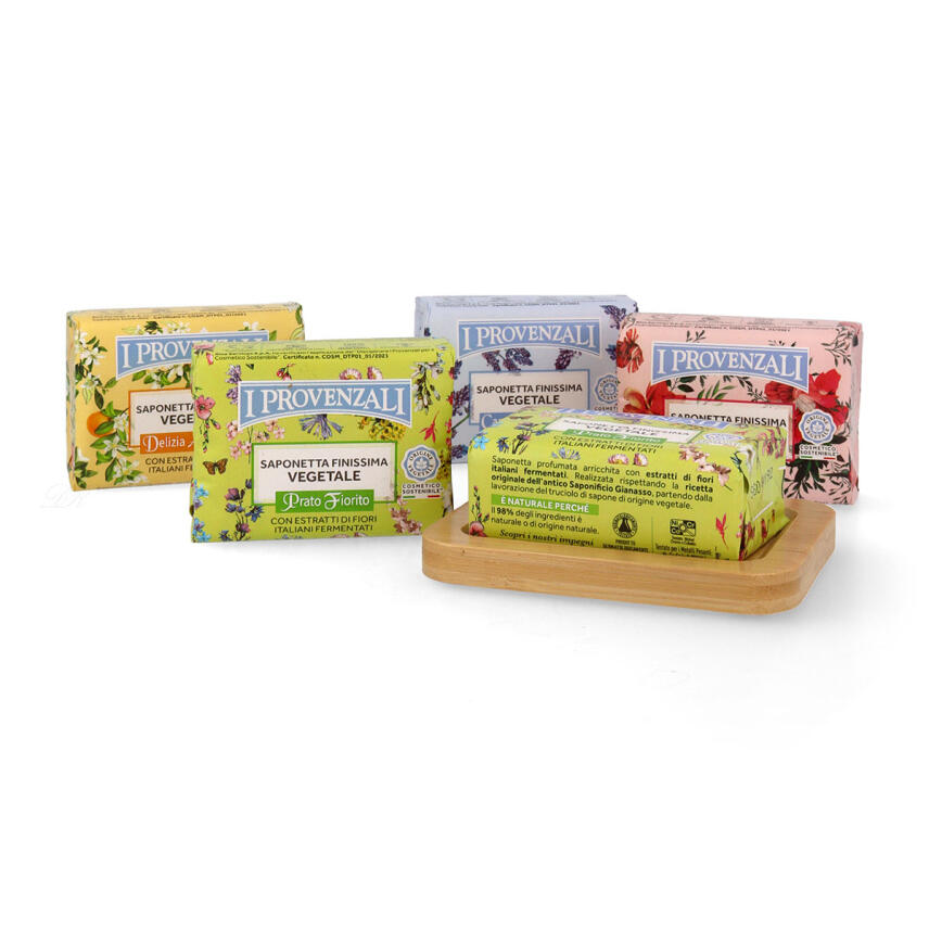 I Provenzali Geschenkset mit 5 Bio-Seifen und Seifenschale aus Bambus