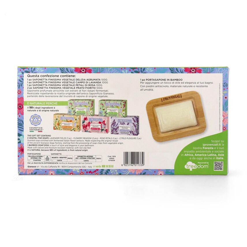 I Provenzali Geschenkset mit 5 Bio-Seifen und Seifenschale aus Bambus