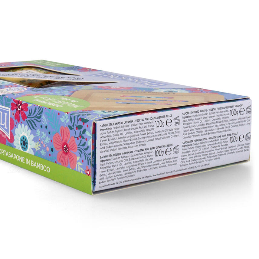 I Provenzali Geschenkset mit 5 Bio-Seifen und Seifenschale aus Bambus