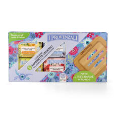 I Provenzali Geschenkset mit 5 Bio-Seifen und Seifenschale aus Bambus