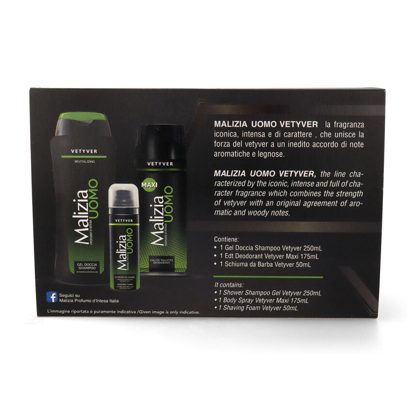 Malizia Uomo Vetyver Geschenkset mit Deodorant, Duschgel &amp; Rasierschaum