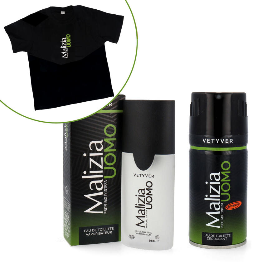 Malizia Uomo Vetyver EdT Parfum 50 ml, Deo 150 ml &amp; Vetyver T-Shirt