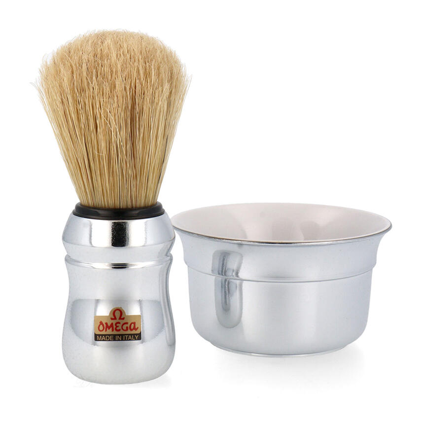 Omega Rasur Set 83.18 Rasierpinsel  Borste + Tiegel verchromt